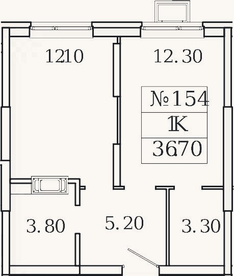 Планировка: 1-к, 36,7 м²