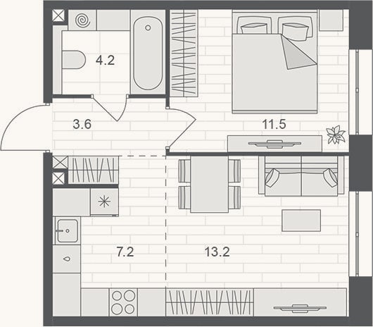 Планировка: 2-к, 39,7 м²