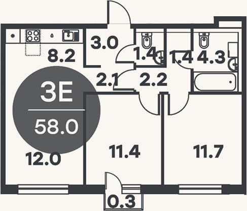 Планировка: 3-к, 57,7 м²