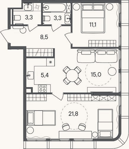 Планировка: 3-к, 68,4 м²