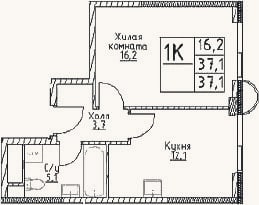 Планировка: 1-к, 37,1 м²