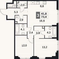 Планировка: 3-к, 73,4 м²