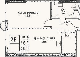 Планировка: 2-к, 48,7 м²