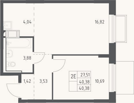 Планировка: 2-к, 40,4 м²