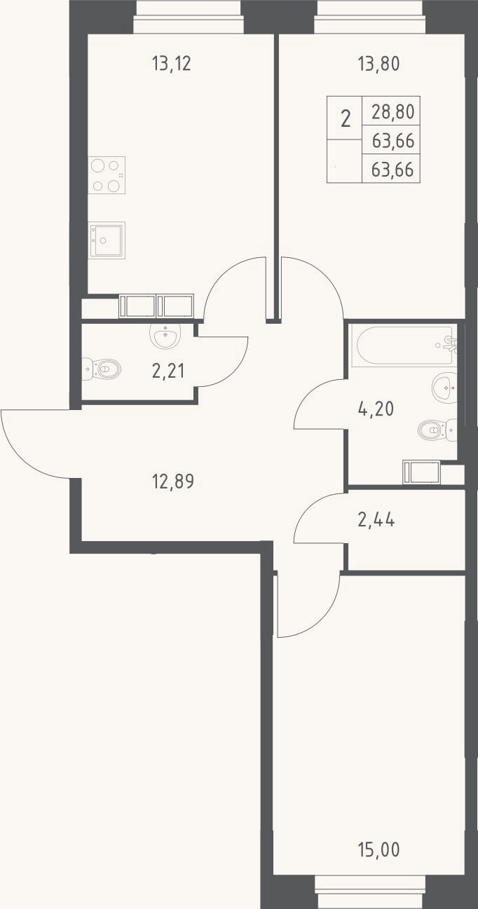 Планировка: 2-к, 63,7 м²