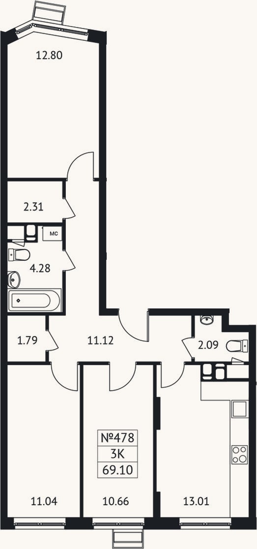 Планировка: 3-к, 69,1 м²