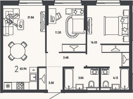 Планировка: 2-к, 65,9 м²