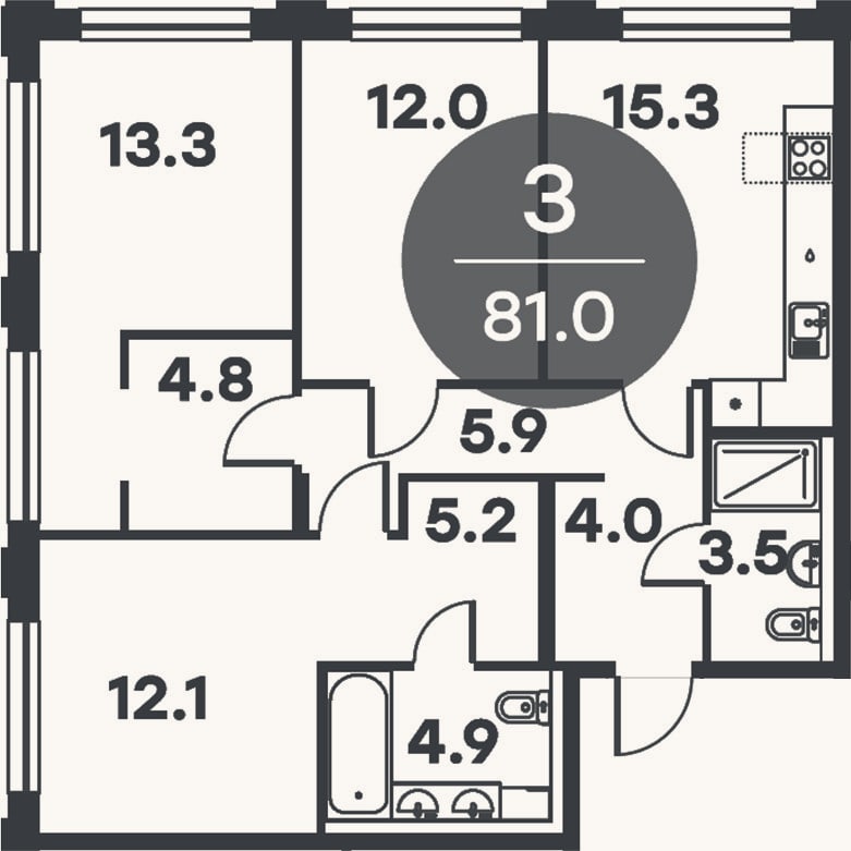 Планировка: 3-к, 81 м²