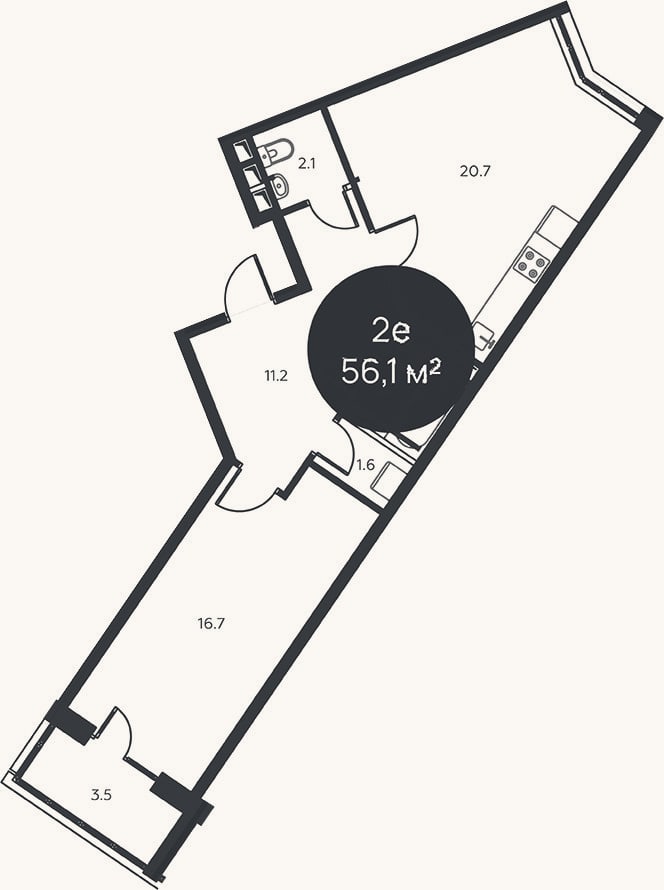 Планировка: 2-к, 55 м²