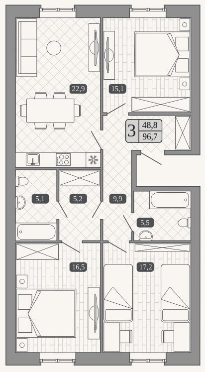Планировка: 4+ к, 96,7 м²