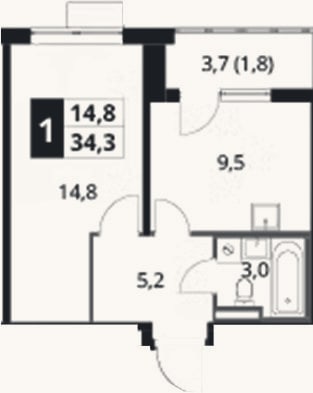 Планировка: 1-к, 32,5 м²