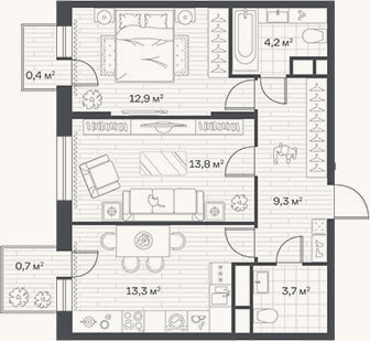 Планировка: 2-к, 57,2 м²