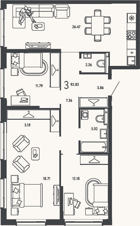 Планировка: 3-к, 92,8 м²