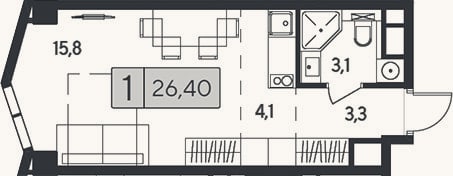 Планировка: Студия, 26,4 м²