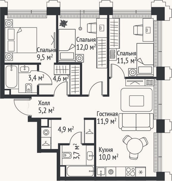 Планировка: 4+ к, 76,7 м²