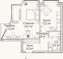 Планировка: 1-к, 50,1 м²