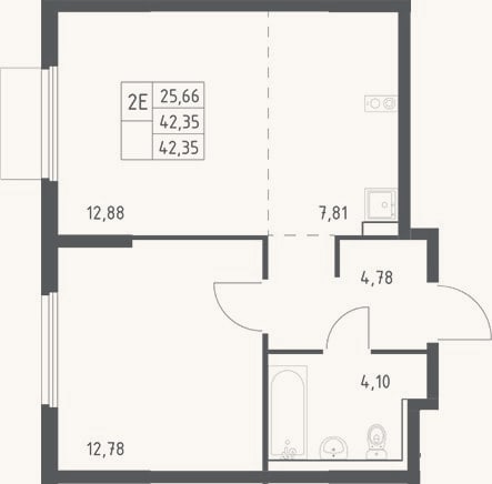 Планировка: 2-к, 42,4 м²