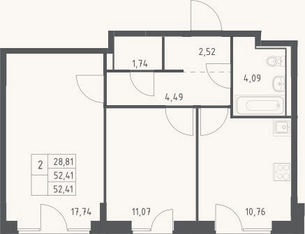 Планировка: 2-к, 52,4 м²