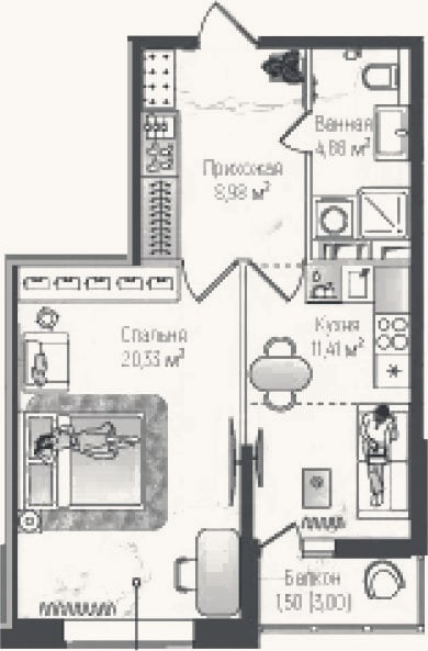 Планировка: 1-к, 45,6 м²