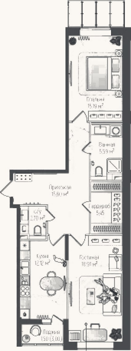Планировка: 2-к, 75,6 м²