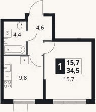 Планировка: 1-к, 34,5 м²