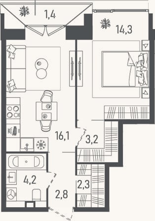 Планировка: 2-к, 42,9 м²