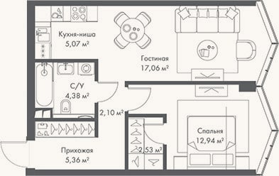 Планировка: 2-к, 49,4 м²