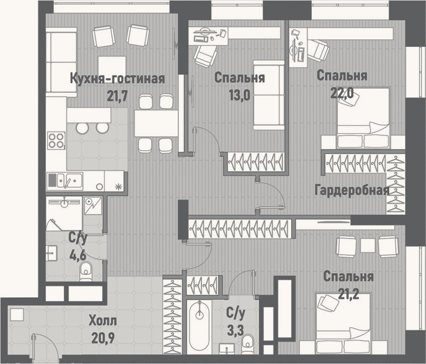 Планировка: 4+ к, 106,7 м²