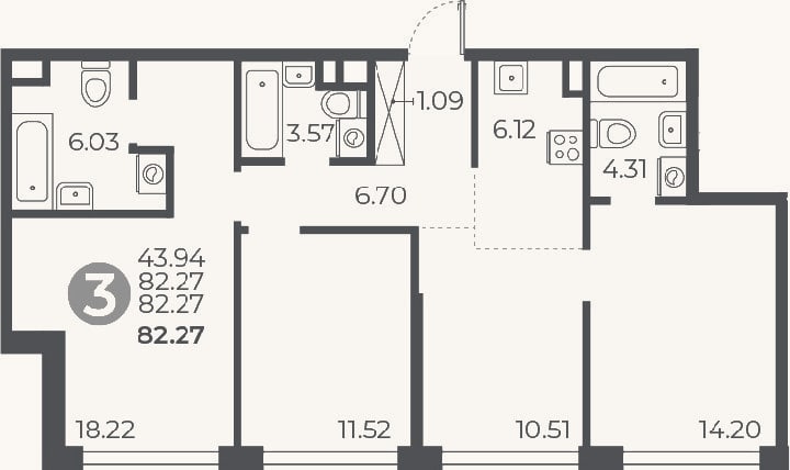 Планировка: 3-к, 82,3 м²