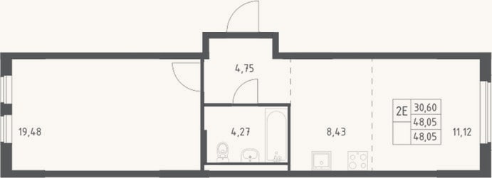 Планировка: 2-к, 48,1 м²