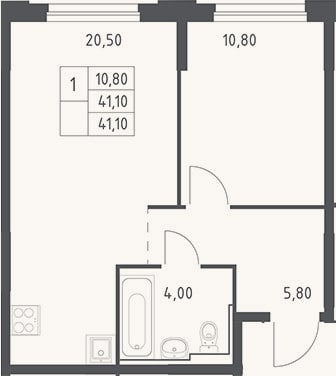 Планировка: 2-к, 41,1 м²