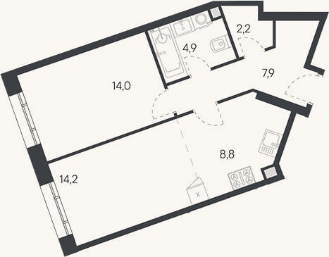 Планировка: 2-к, 53 м²