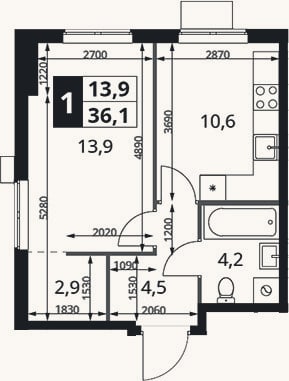 Планировка: 1-к, 36,1 м²