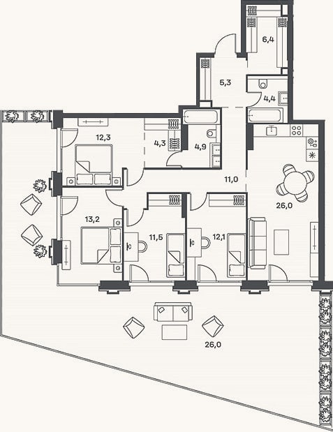 Планировка: 4+ к, 111,4 м²