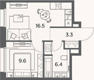Планировка: 1-к, 35,8 м²