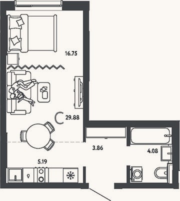 Планировка: Студия, 29,9 м²