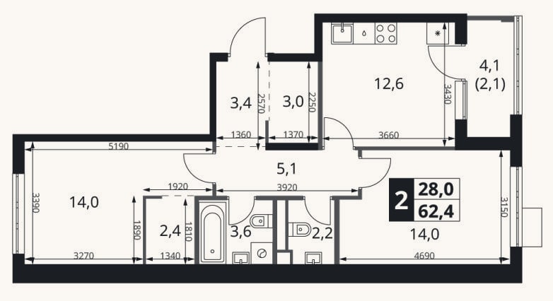 Планировка: 2-к, 60,3 м²