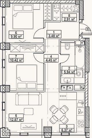 Планировка: 3-к, 56,3 м²