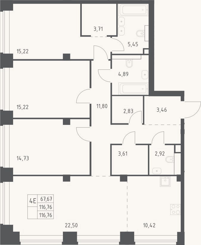 Планировка: 4+ к, 116,8 м²