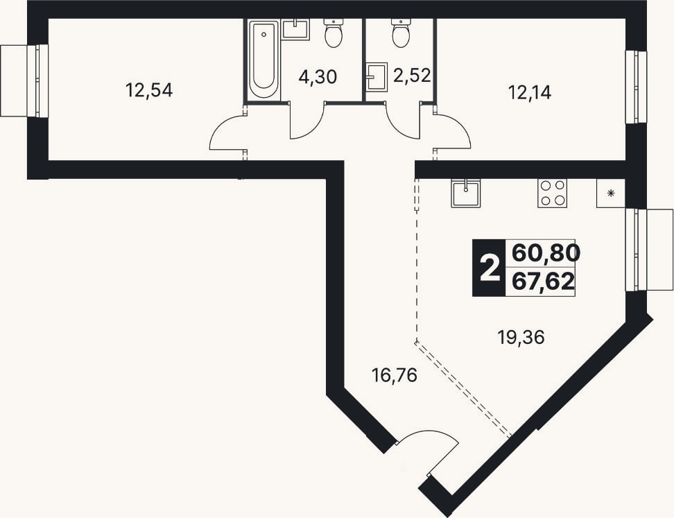 Планировка: 3-к, 67,6 м²