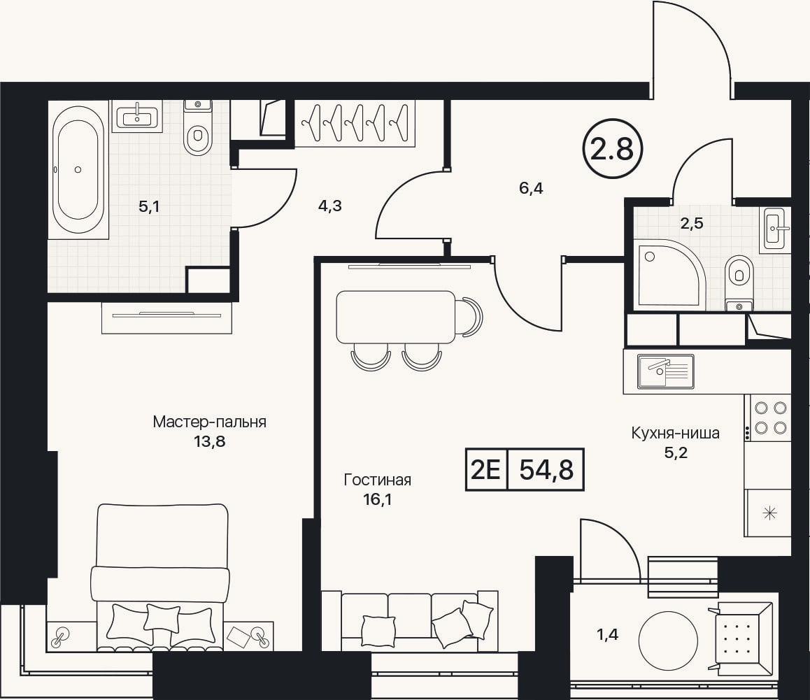 Планировка: 2-к, 53,4 м²