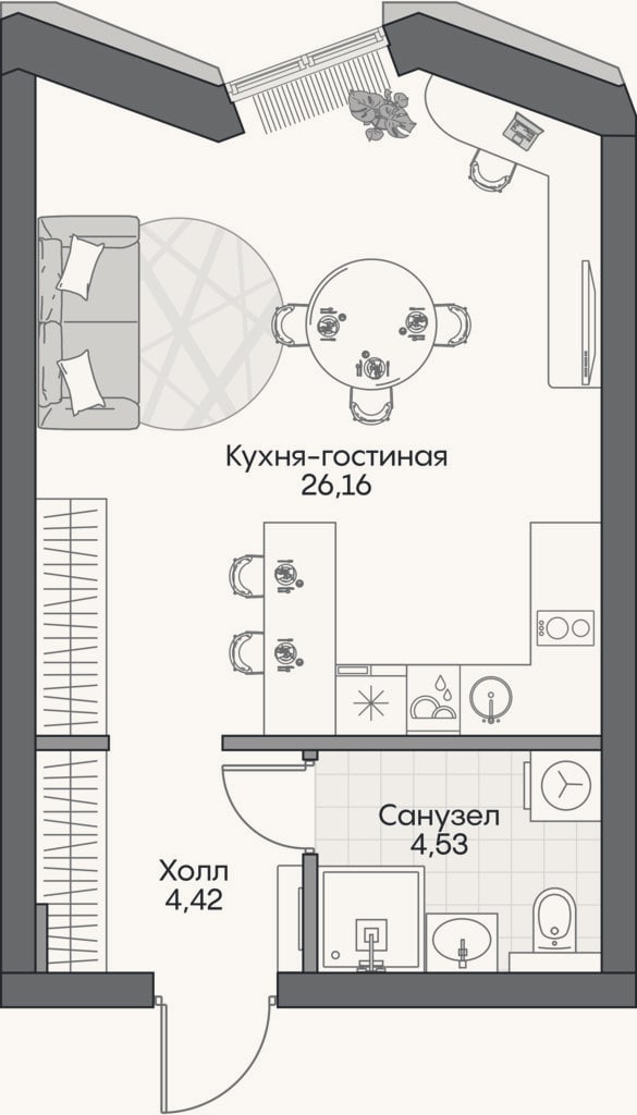 Планировка: Студия, 33,9 м²