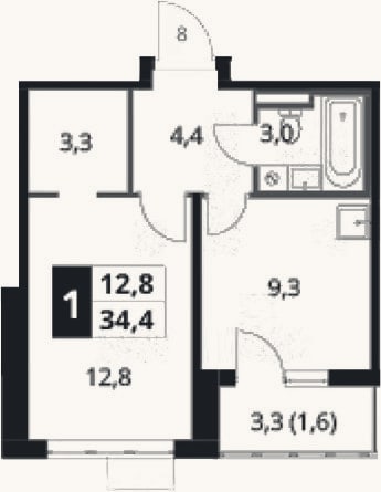 Планировка: 1-к, 32,8 м²