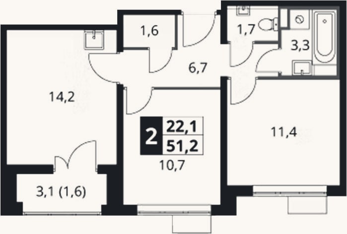 Планировка: 2-к, 49,6 м²