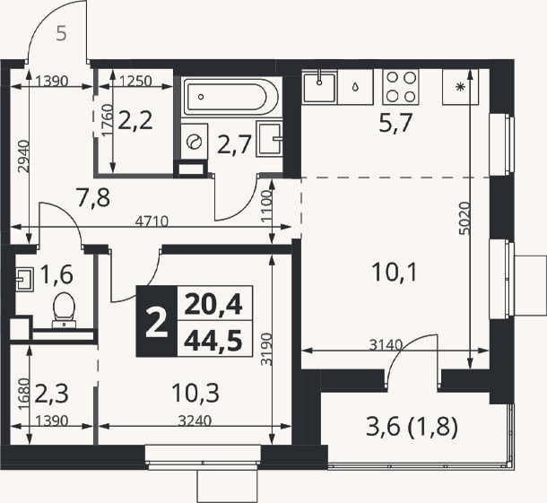 Планировка: 2-к, 42,7 м²