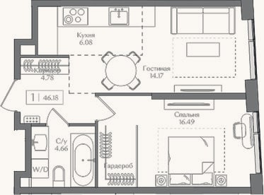 Планировка: 1-к, 46,2 м²