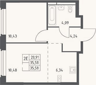 Планировка: 2-к, 35,6 м²
