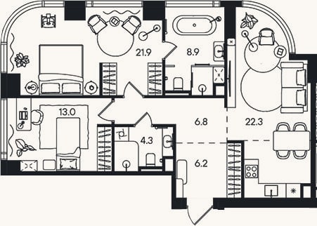 Планировка: 3-к, 83,4 м²