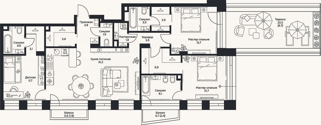 Планировка: 4+ к, 109 м²