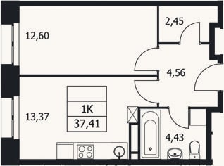Планировка: 1-к, 37,4 м²